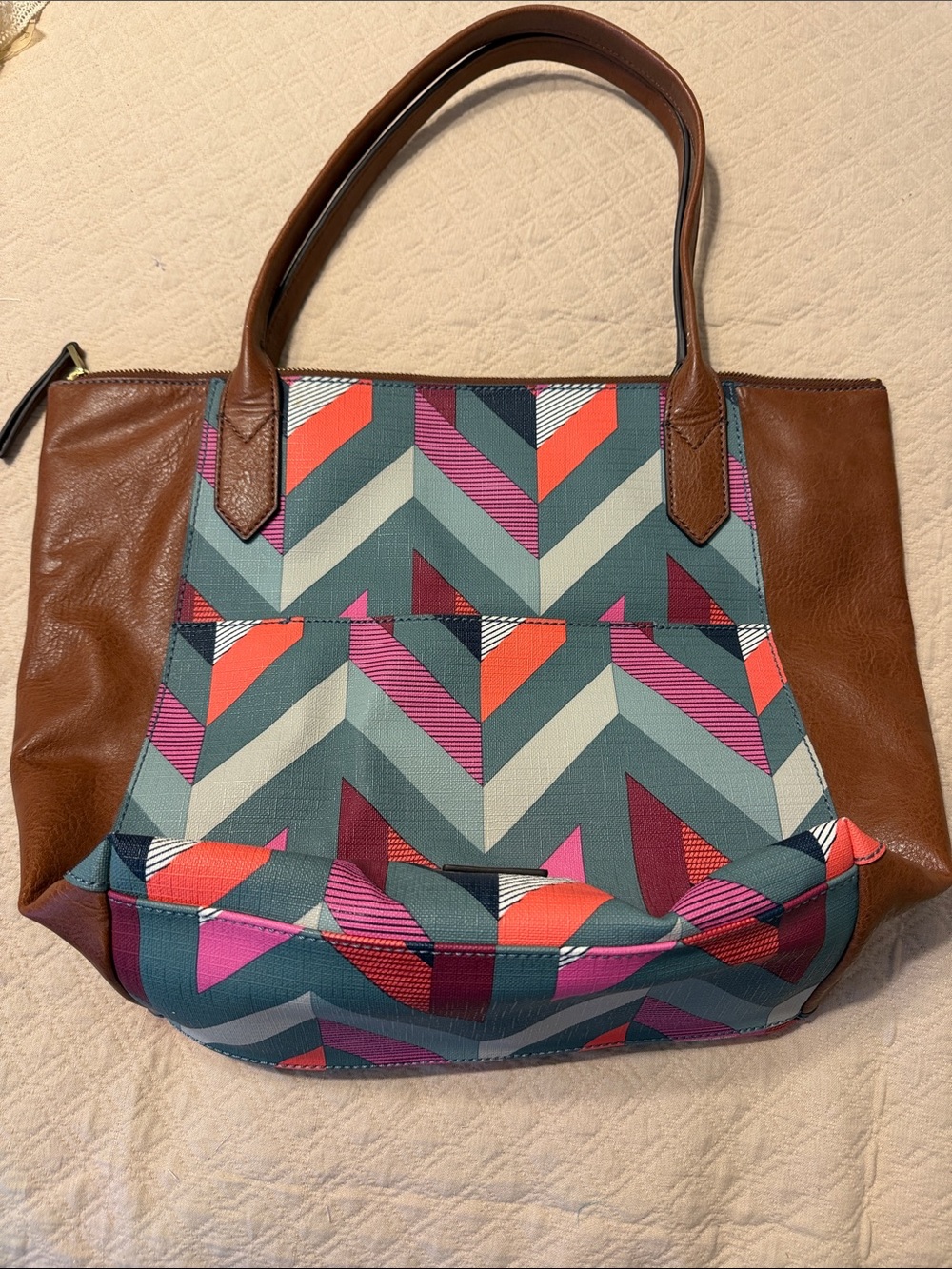 Fossil Brown Handle Tote with Multicolor Chevron Pattern